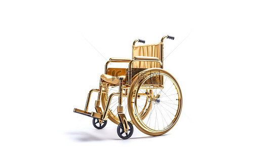 医院轮椅背景图片_白色背景下空置金色轮椅的渲染 3D 图像