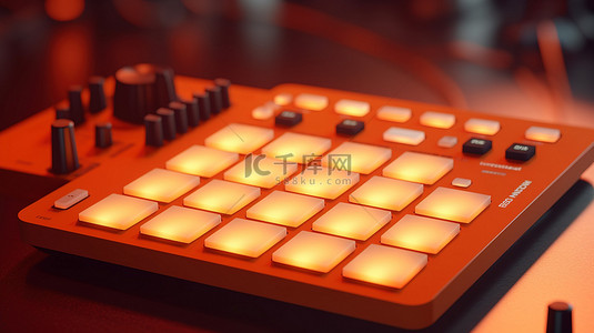 橙色 USB MIDI 垫控制器单色设计，用于 3D 工作室渲染中的鼓乐和效果