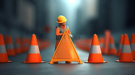 安全工人背景图片_带有交通标志和锥体的道路上建筑工人的 3D 渲染