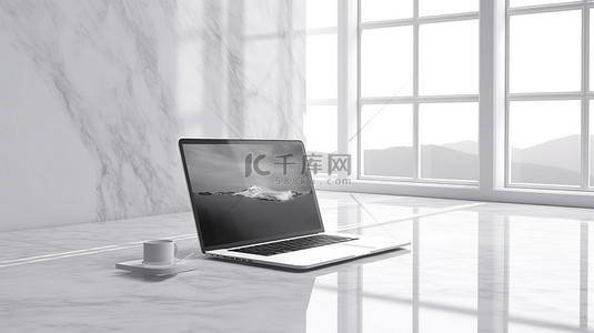 办公室场景中放置在白色混凝土背景上的笔记本电脑的 3D 插图