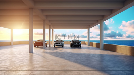 停车场闸道背景图片_早晨海边景观停车场内部的 3D 渲染和插图