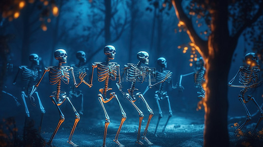 恐怖的骷髅背景图片_墓地月光下的骷髅舞者怪异万圣节 3D 艺术