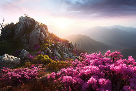 悬崖上的人背景图片_日出时，粉红色的花朵在山上的悬崖上绽放