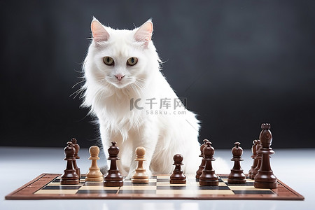 一只白猫坐在棋盘上
