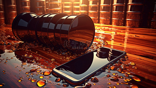 手机容器背景图片_动态原油飞溅中的桶和智能手机