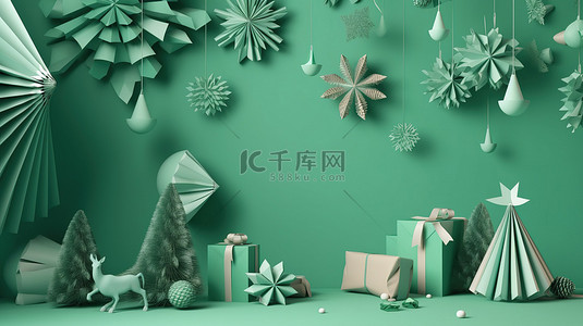 主题卡通背景图片_圣诞纸工艺品，上面挂着雪花礼品盒树木星星和糖果，呈 3d 绿色渲染