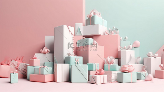 主题生日背景图片_柔和的主题生日假期背景 3d 渲染丰富的礼品盒
