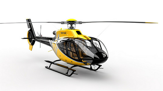 民用航空背景图片_白色背景下黑色和黄色民用直升机的 3D 插图
