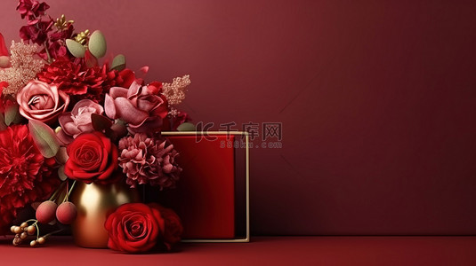高架情人节在豪华模型中展示红玫瑰金框和抽象背景