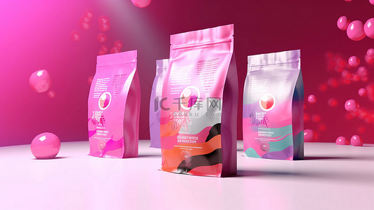 粉红色卡背景图片_3D 渲染狗粮袋，粉红色背景设计