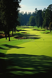 一个绿色的高尔夫球场，上面有树木