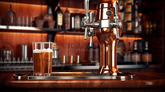 泵塔的金属 3D 渲染，带有分配器手柄，非常适合酒吧的啤酒设备