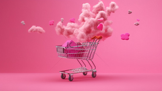 假日特卖背景图片_3D 渲染插图，显示一辆装满礼品的购物车在孤立的粉红色背景下飙升