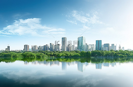 韩国蓝色背景图片_一个以树木和水为背景的城市