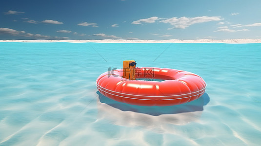 夏书背景图片_暑假天堂 3d 渲染海滩，充气床垫书球和漂浮在海中的救生圈