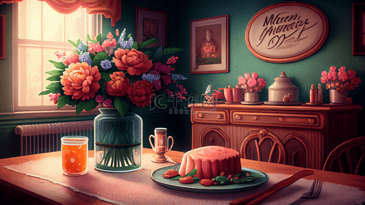 水果奶油背景图片_母亲节草莓蛋糕火红玫瑰果汁背景