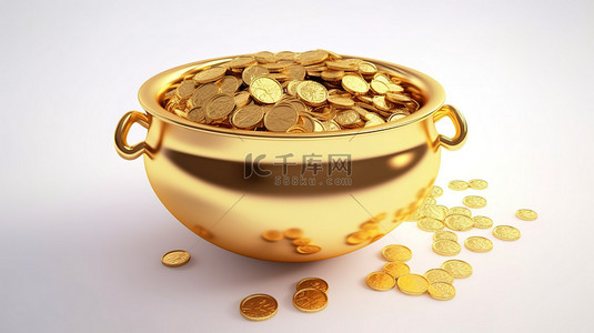 白色背景的 3D 渲染，铁锅里装满了金币
