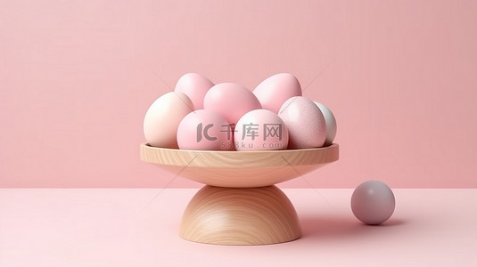 立3d背景图片_粉色 3D 立顶视图渲染上显示的最小木盘，上面有彩色复活节彩蛋