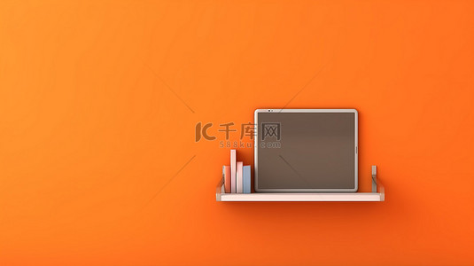 充满活力的橙色架子上的现代平板电脑水平横幅背景 3D 渲染
