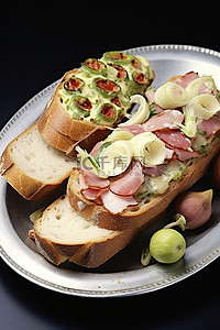 面包配料背景图片_一盘面包，中间有奶酪和火腿