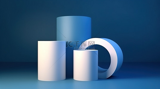 简约现代蓝色和白色图案圆柱体在 3D 渲染背景中投射阴影和光线