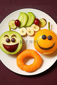胡萝卜鼻子背景图片_鳄梨香蕉胡萝卜和苹果都放在盘子里