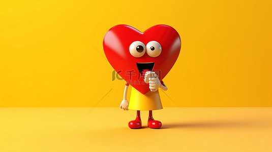 3D 渲染的红心吉祥物，在充满活力的黄色背景上带有复古扩音器