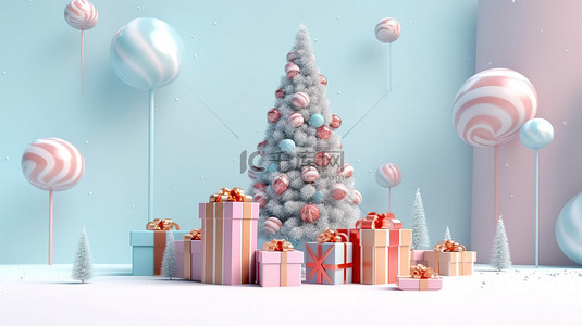 红色礼物圣诞树背景图片_圣诞快乐和新年欢呼喜庆的圣诞树，在雪色柔和的背景 3D 渲染上放着糖果礼盒