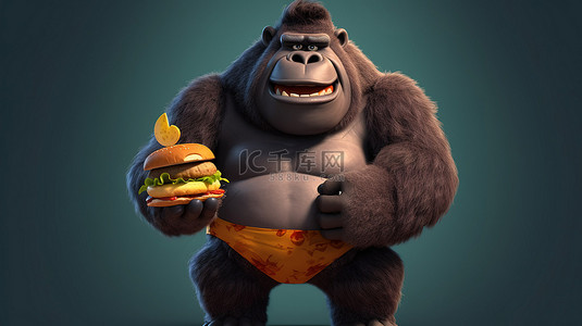 搞笑的 3d 大猩猩拿着一个汉堡的风格