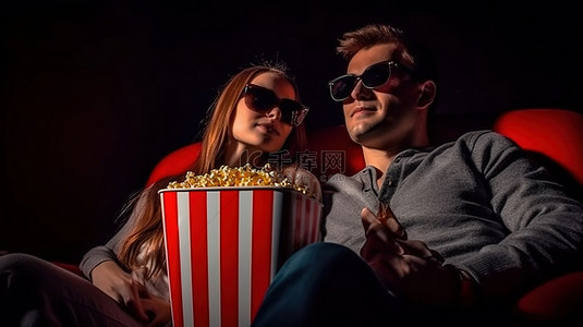 观看电影背景图片_3d 玻璃夫妇享受电视和爆米花