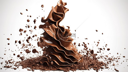 扭曲黑巧克力片以龙卷风形状飞溅的 3D 插图