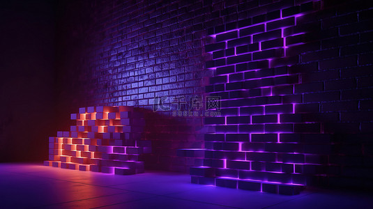 抽象背景紫色霓虹灯照亮 3d 渲染中的砖墙