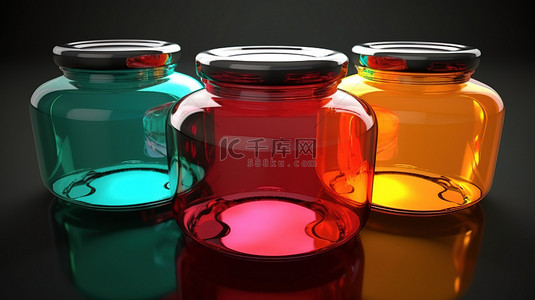 多彩多姿的透明玻璃罐，带盖子，3D 插图，形状多样