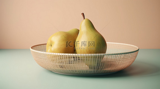 简约的 3D 场景隔离梨渲染在托盘碗和布上，以柔和的背景