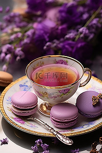 紫茶配马卡龙高级免版税代码 690797929309