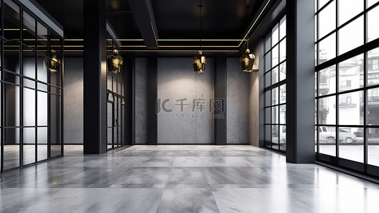 简约店面设计，采用 3D 渲染的黑色铝和玻璃大理石地板