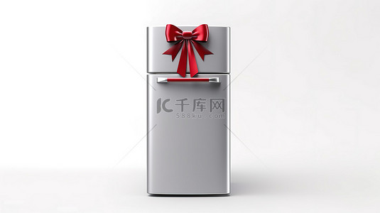 红白色科技背景图片_白色背景，带有 3D 渲染的冰箱礼品，饰有红丝带和蝴蝶结