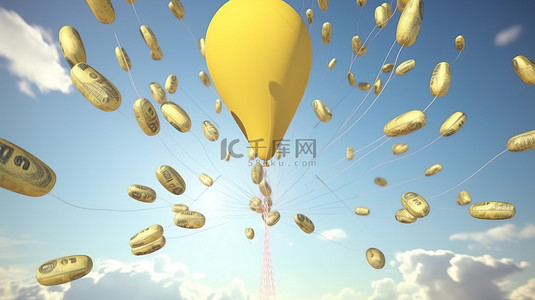 可视化通货膨胀 美元气球携带硬币飞向天空的 3D 渲染图