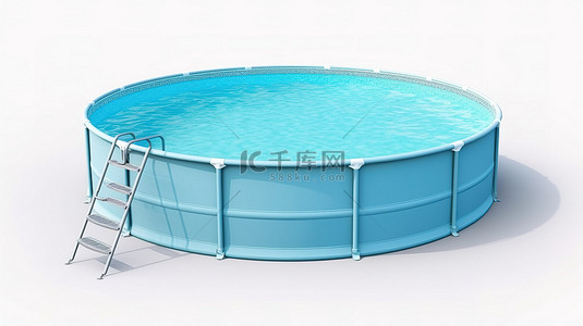 运动……背景图片_蓝色便携式圆形游泳池的 3D 渲染，带梯子，非常适合白色背景下的户外使用
