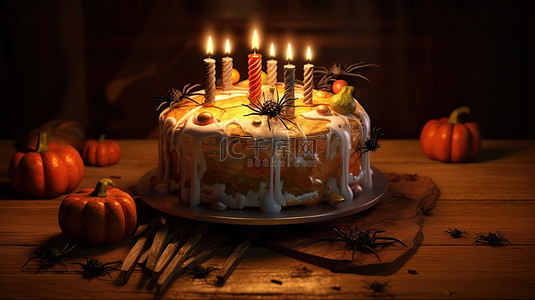 快乐蛋糕背景图片_装饰有南瓜蝙蝠和蜘蛛网的万圣节蛋糕的三维插图