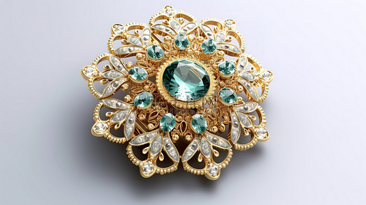 古董巴洛克式胸针，饰有钻石和宝石，在 3D 渲染的白色背景上展示