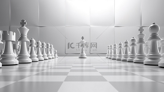逼真的 3D 资产，以棋盘上的国际象棋为特色，在无限的白色工作室背景下