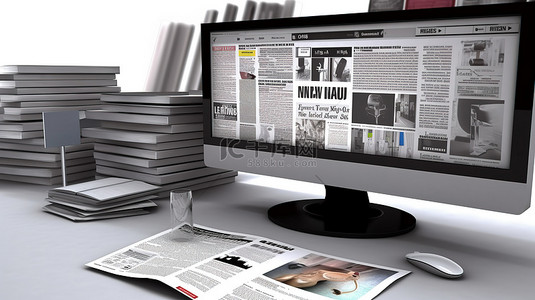 新闻设计背景图片_计算机屏幕上显示的新闻的 3d 渲染