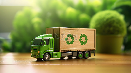 木质桌面的绿色物流图像 3D 渲染，具有生态友好型卡车和相关的可持续发展符号