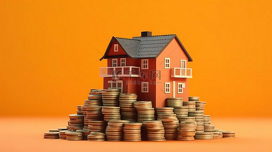 立刻购买背景图片_购买房屋和一堆钱图标的 3D 渲染