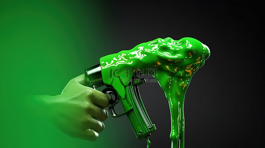 生物燃料背景图片_3d 渲染的绿色气泵喷嘴手持油溅