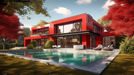 别墅效果图背景图片_令人惊叹的当代红色别墅，拥有广阔的花园和游泳池，3D 效果图
