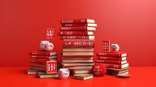 概念书籍设计背景图片_充满活力的红色 3D 背景上迷人的日语词汇和书籍