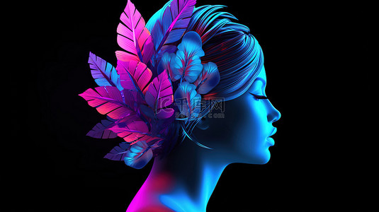 设计创作背景图片_具有充满活力的紫外线蓝色和粉红色 3d 花瓣易洛魁设计的女性头像