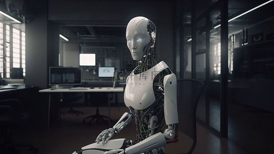 办公室里的机器人女人在令人惊叹的 3D 渲染中栩栩如生